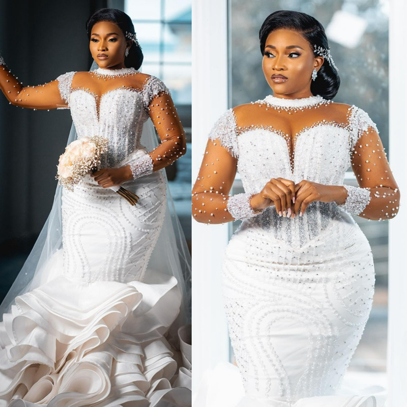Plus Size Aso Ebi Wedding Dresses Sheer Neck Illusion Long Sleeves Tulle Lace Bridal Gowns for African Nigeria Black Women Tiered Mermaid Pearls Marri