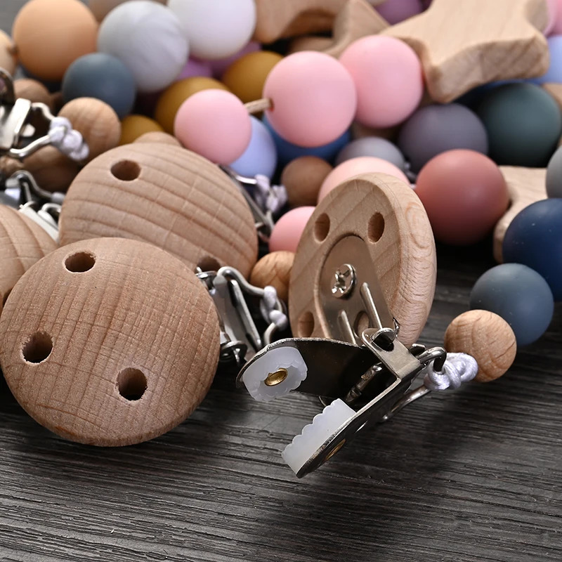 Baby Pacifier Chain Clips Wood Pentagram Teether Silicone Round Beads Teething For Care Soother Chew Toys Shower Gift 231228
