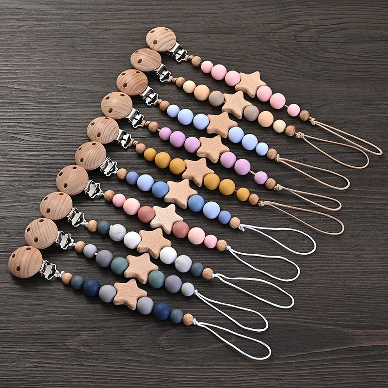 Baby Pacifier Chain Clips Wood Pentagram Teether Silicone Round Beads Teething For Care Soother Chew Toys Shower Gift 231228
