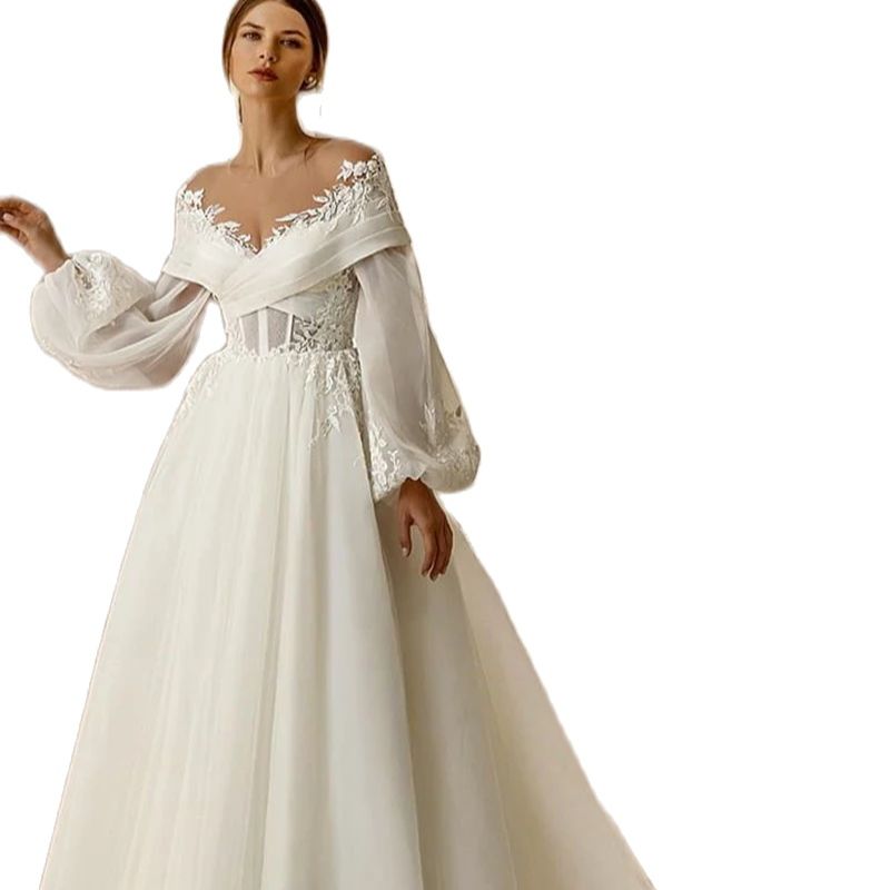 Gorgeous Ivory A Line Wedding Dress Sheer Neck Off Shoulder Long Sleeve Princess Bridal Gowns Lace Appliques Bride Dresses