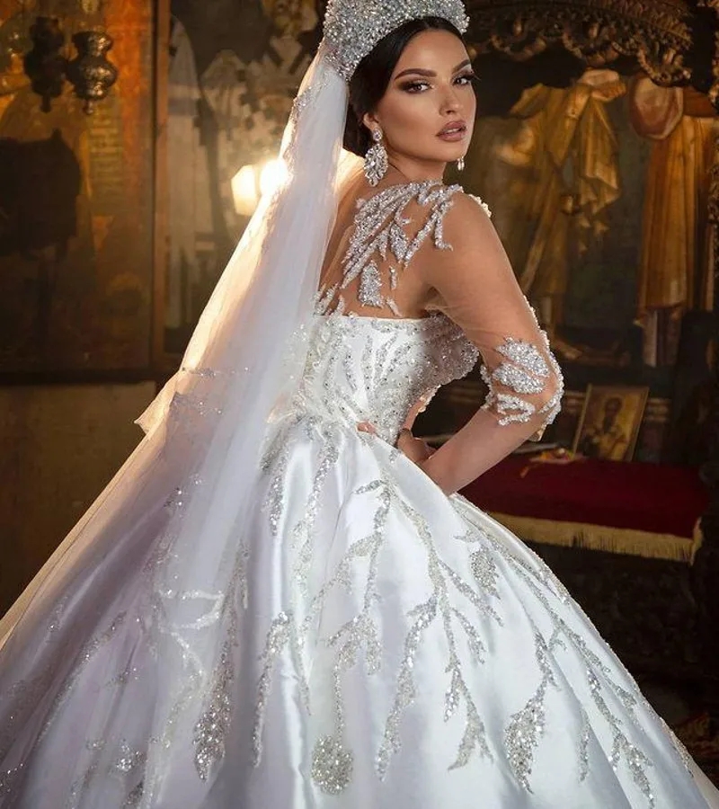 Wedding Modest Dress Illusion Neck Beaded Sequins Lace Satin Bridal Gowns Vestidos Noivas Robe De Mairee Customed