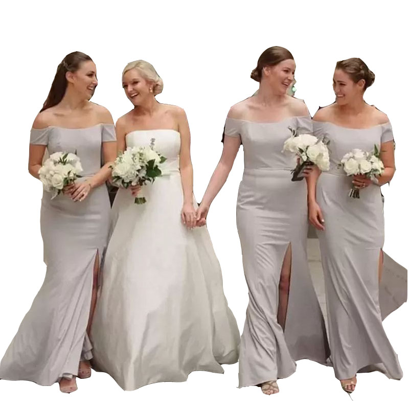 2024 Bridesmaid Dresses Grey Mermaid For Weddings Plus Size Off Shoulder Side Split Long Formal Maid of Honor Gowns Wedding Guest Wear 0513