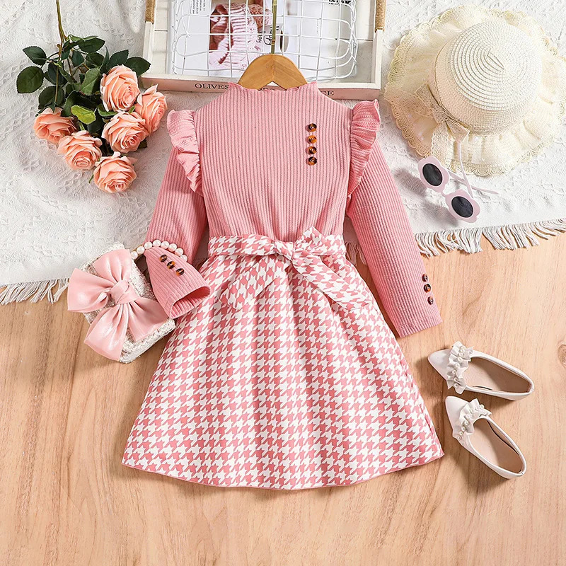 2023 Autumn Dress Kids Girls 4 7 Years Little Girl s Pink Knit Patchwork Plaid Korean Style Casual Clothes 231228