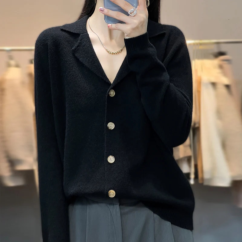 Collar cardigan sweater women's 100 wool long sleeved trend fine cashmere knitted coat autumn and winter top SXXL 231228