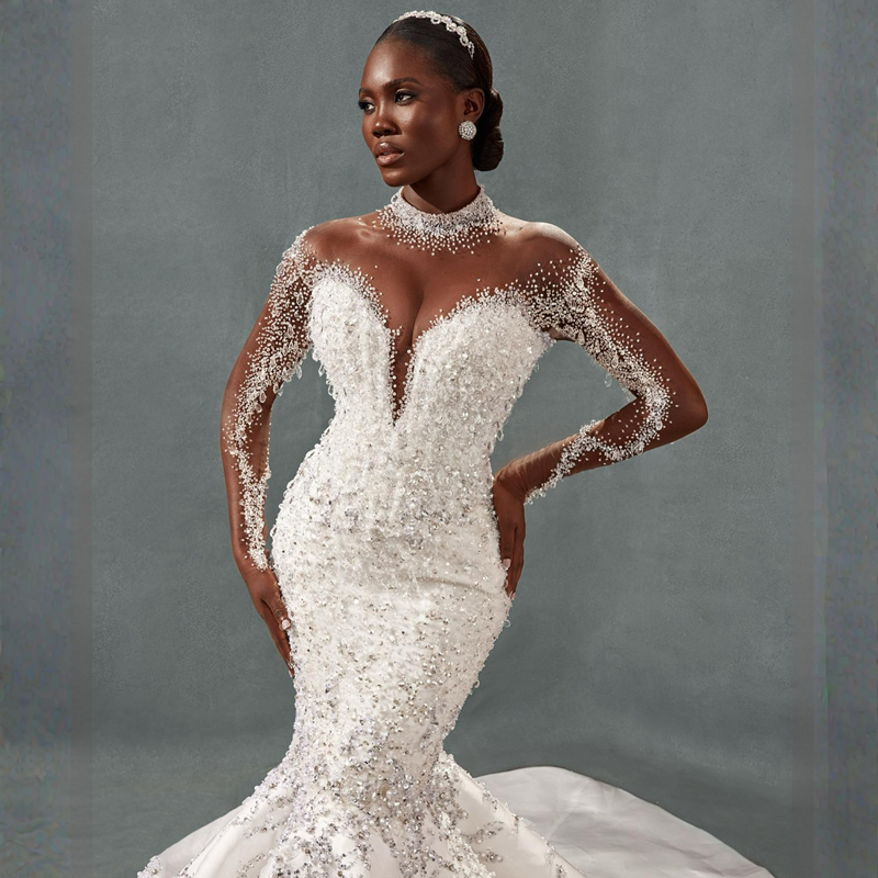 Lastest Aso Ebi Wedding Dresses Sheer Neck Illusion Long Sleeves Tulle Lace Bridal Gowns for African Arabic Nigeria Black Women Bride Mermaid Marriage