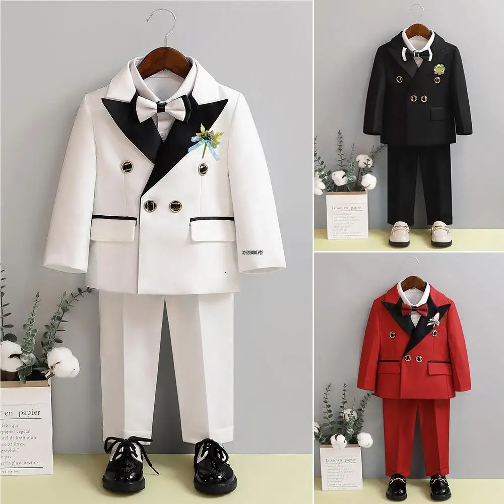 Children White Wedding Suit Boys Girls1 Year Birthday Dress Costume Kids Jacket Pants Bowtie P ograph Flower Tuxedo 231228