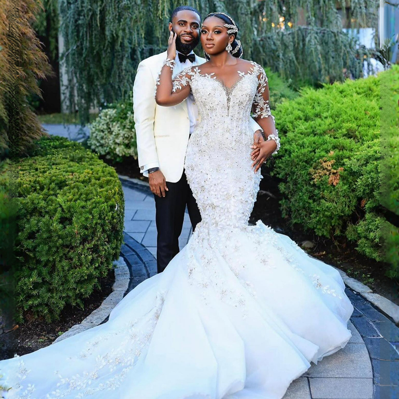 R&W Shine Plus Size Aso Ebi Wedding Dresses Sheer Neck Illusion Long Sleeves Tulle Lace Bridal Gowns for African Arabic Nigeria Black Women Mermaid Ma