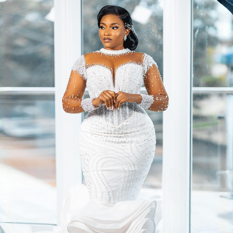 Plus Size Aso Ebi Wedding Dresses Sheer Neck Illusion Long Sleeves Tulle Lace Bridal Gowns for African Nigeria Black Women Tiered Mermaid Pearls Marri