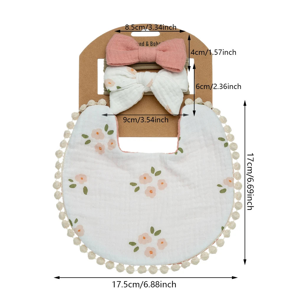 9Sets/Lot Baby Flower Bibs Headbands Bow Nylon Hairbands Double Side Saliva Towel Feeding Burp Cloth Scarf Boys Girls Headwear 231229