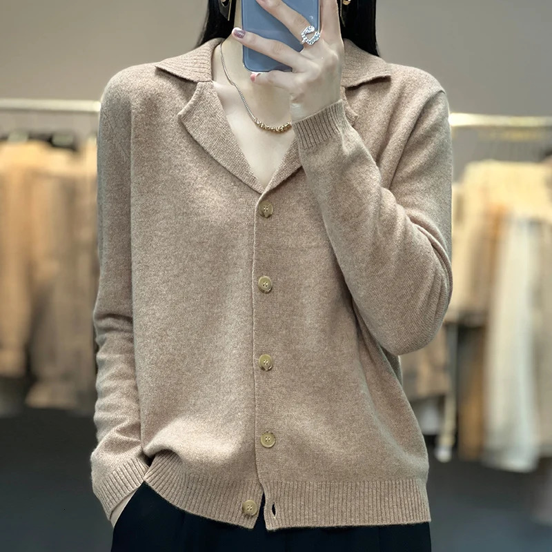 Collar cardigan sweater women's 100 wool long sleeved trend fine cashmere knitted coat autumn and winter top SXXL 231228
