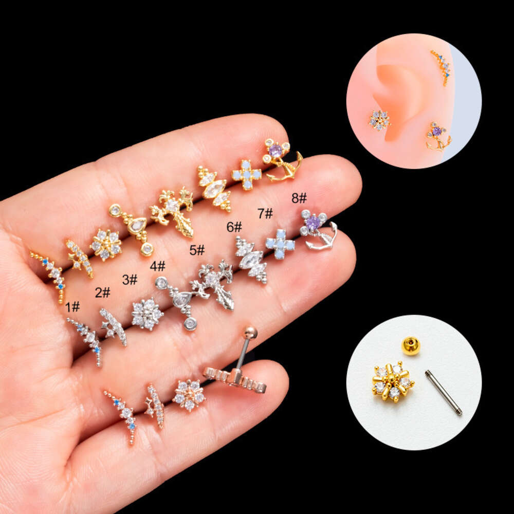 Surgical Stainless Steel Earring Barbell Cubic Zirconia Helix Ball Studs Ear Ring Earrings 0.8 Double Screw Earrings Flower Heart Cartilage Piercing B