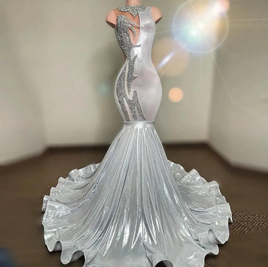 Silver Sequin Prom Dresses For Arabic Women Mermaid 2024 Beading Evening Gowns Outfit Luruxry Robes De Bal Women Party Wear