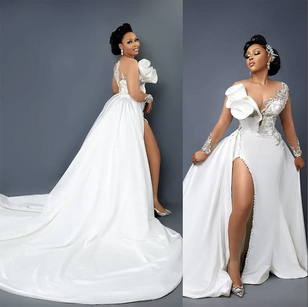 2024 Vintage Mermaid Lace Crystal Wedding Dresses Bridal Gowns Arabic Aso Ebi Long Sleeves Illusion Neck High Side Split Detachable Train Overskirts S