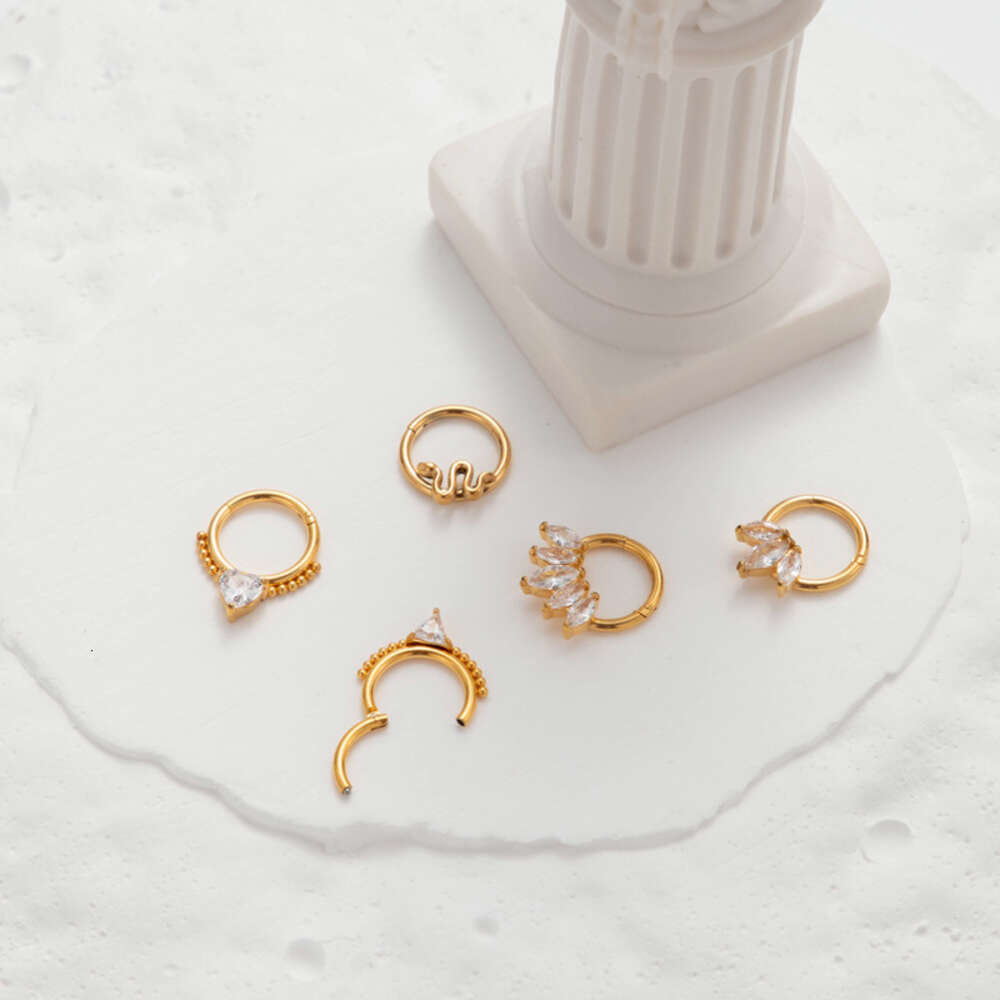 Surgical Titanium Stainless Steel Snake Nose Ring Prong Shiny Cubic Zircon18k Gold Cartilage Ring Hip Hop Popular Piercing Body Jewelry Accessories Bi