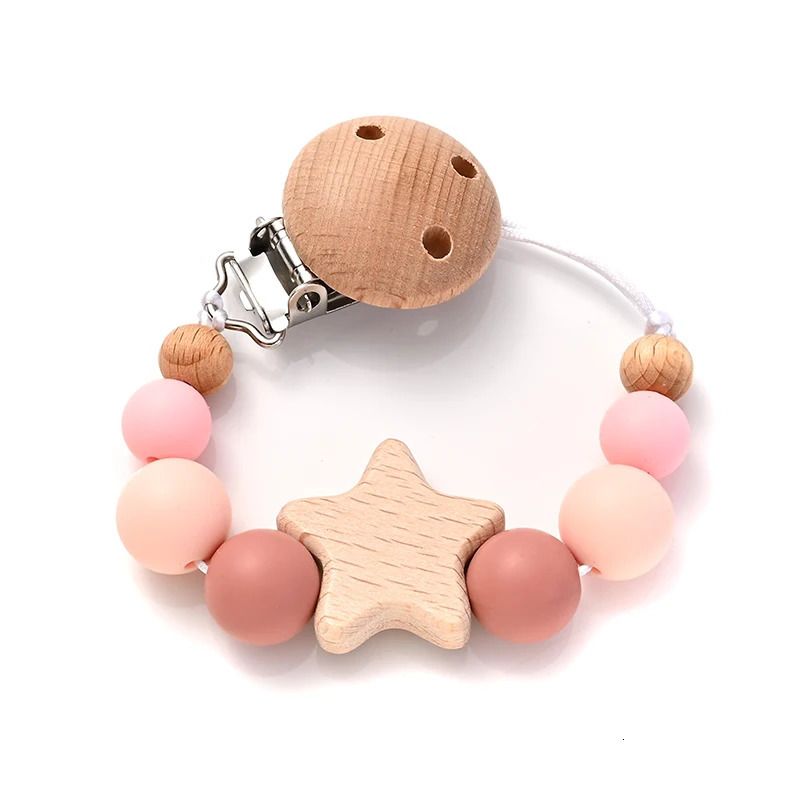 Baby Pacifier Chain Clips Wood Pentagram Teether Silicone Round Beads Teething For Care Soother Chew Toys Shower Gift 231228