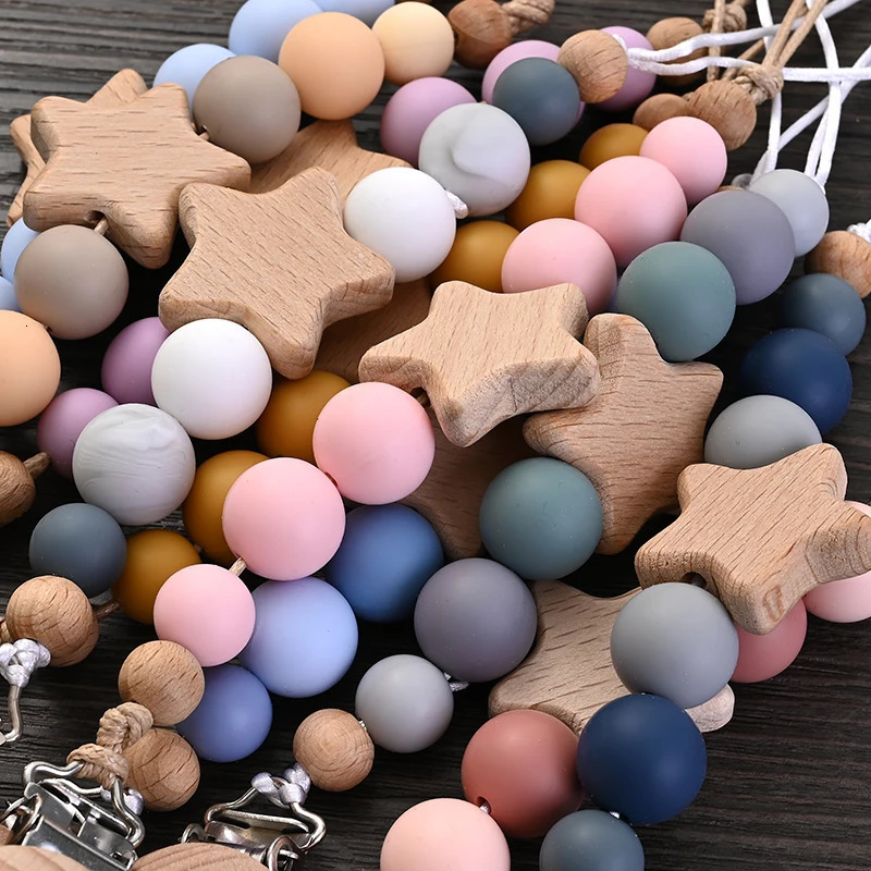 Baby Pacifier Chain Clips Wood Pentagram Teether Silicone Round Beads Teething For Care Soother Chew Toys Shower Gift 231228