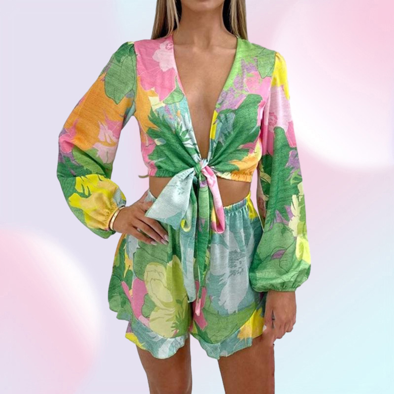 Gauges Women039s Tracksuits Women Short Sets Deep V Neck Blouses Suits Fashion Printed Tie Belt Suit Elegant Elastic Waist Shorts Fema