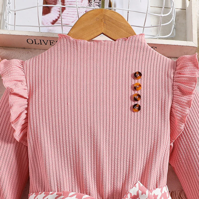 2023 Autumn Dress Kids Girls 4 7 Years Little Girl s Pink Knit Patchwork Plaid Korean Style Casual Clothes 231228