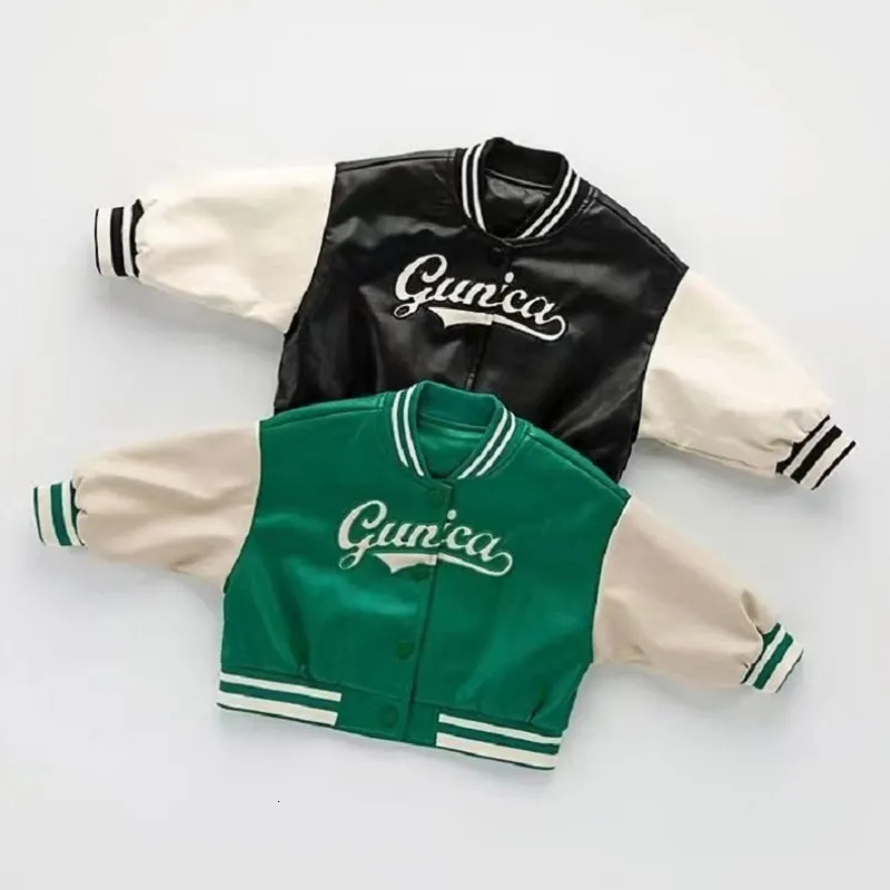 Fashion Baby Girl Boy PU Leather Baseball Jacket Patchwork Infant Toddler Bomber Coat Autumn Spring Outwear Baby Clothes 1-5Y 231228