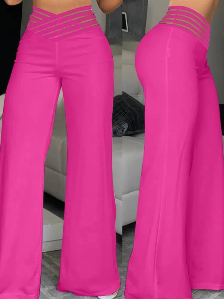 Elegant High Waist Flared Women Pants Office Casual Crisscross Sheer Mesh Patch Trousers Clothes 231228