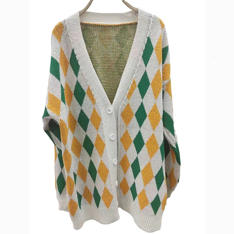 FORERIN Argyle Knitted Cardigan Fashion V Neck Long Sleeve Top Winter Autumn Loose Sweater for Women Drop 231228