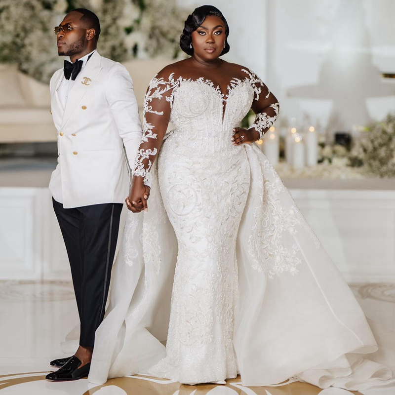 Plus Size Aso Ebi Wedding Dresses Sheer Neck Illusion Long Sleeves Tulle Lace Bridal Gowns with Detachable Train for Nigeria Black Women Mermaid Marri