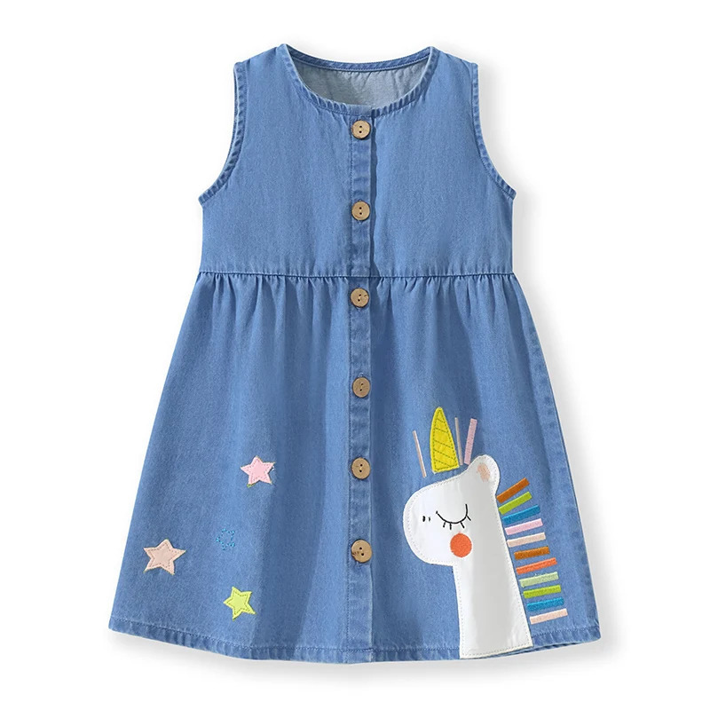Little maven Girls Denim Sleeveless Dress Unicorn Appliques Children Clothing Summer for Kids Clothes Dresses 231228