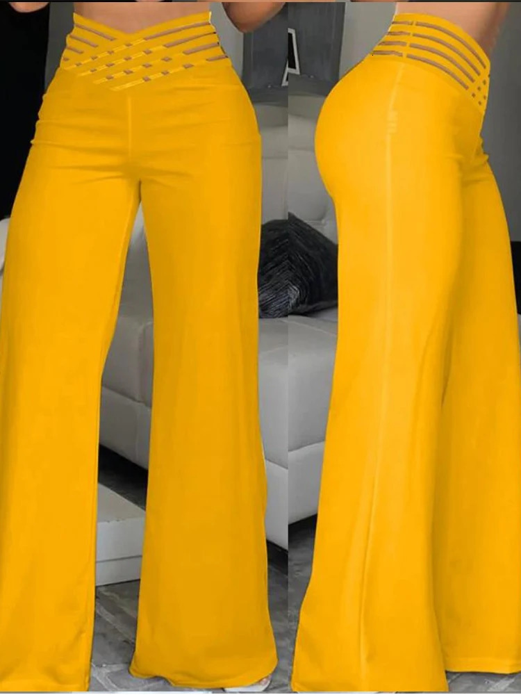 Elegant High Waist Flared Women Pants Office Casual Crisscross Sheer Mesh Patch Trousers Clothes 231228