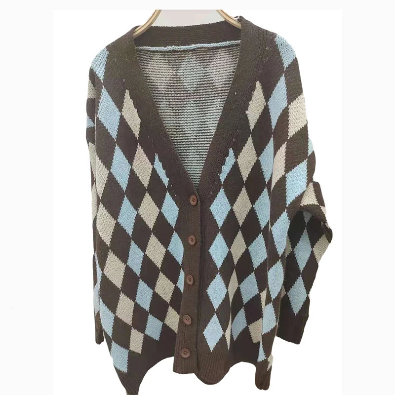 FORERIN Argyle Knitted Cardigan Fashion V Neck Long Sleeve Top Winter Autumn Loose Sweater for Women Drop 231228