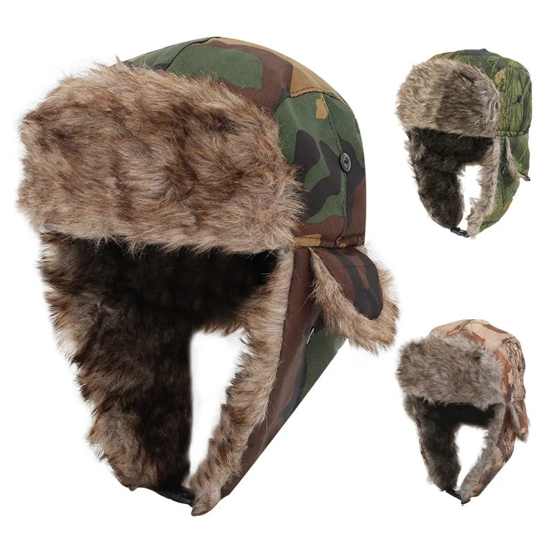 Camo Military Style Unisex Russian Faux-Fur Bomber Lumberjack Trapper Hats for Men Women 231228