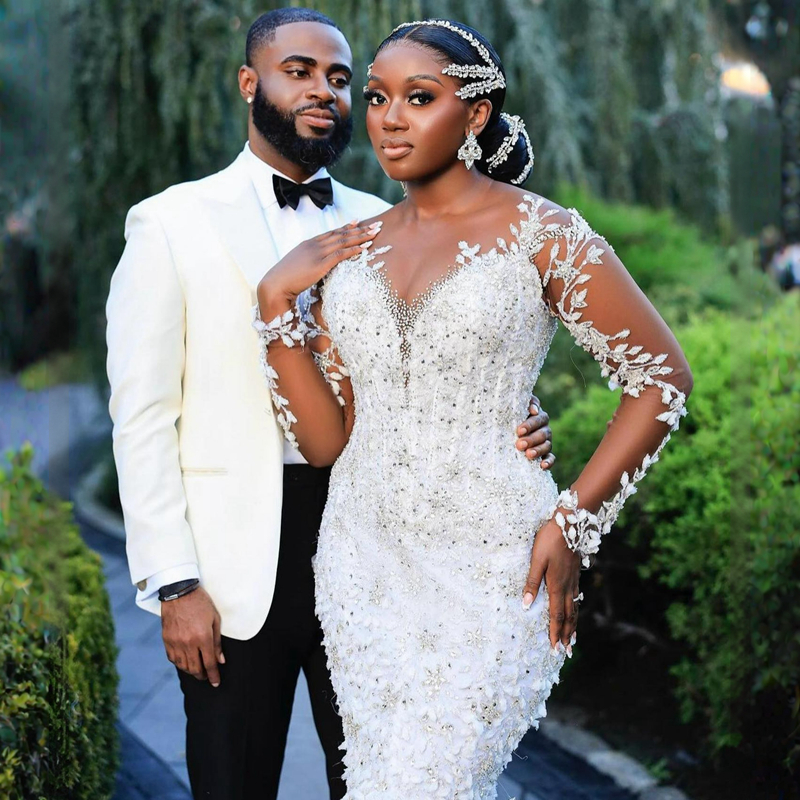 R&W Shine Plus Size Aso Ebi Wedding Dresses Sheer Neck Illusion Long Sleeves Tulle Lace Bridal Gowns for African Arabic Nigeria Black Women Mermaid Ma