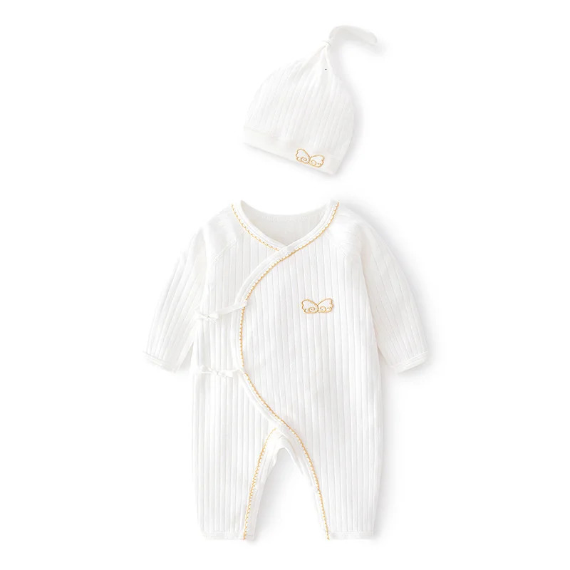 Lawadka 0 6M Spring Baby Girls Boys Romper Hat Cotton White Clothes For Fashion Infant Jumpsuit born Babies 0 to 3 M 231228