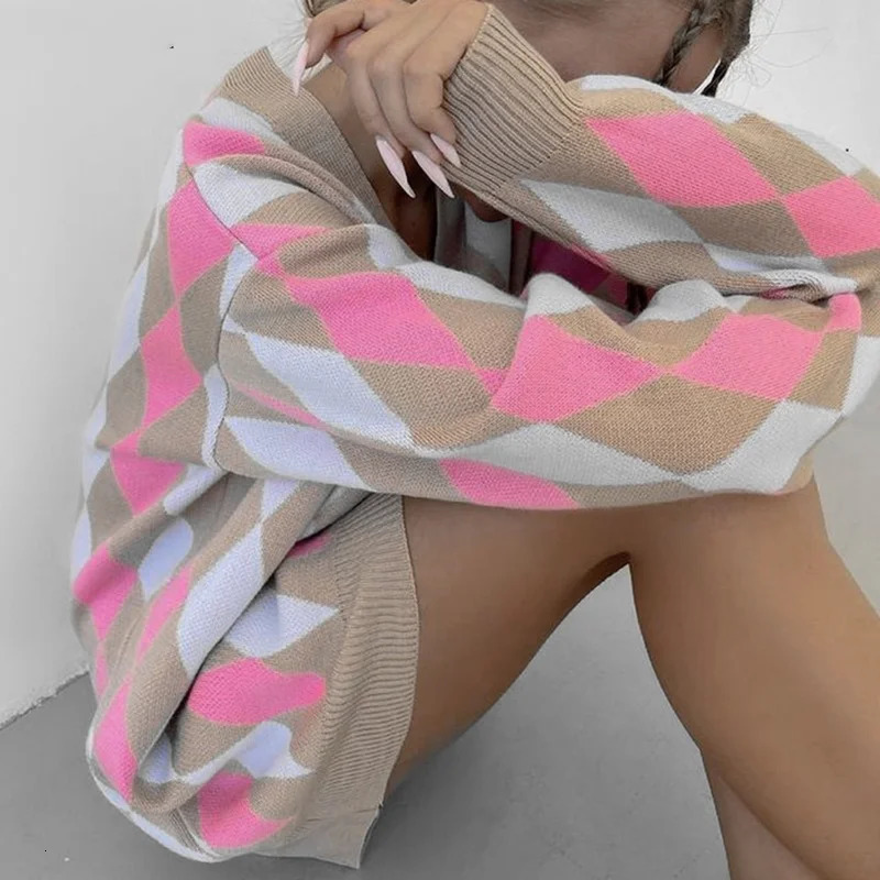 FORERIN Argyle Knitted Cardigan Fashion V Neck Long Sleeve Top Winter Autumn Loose Sweater for Women Drop 231228