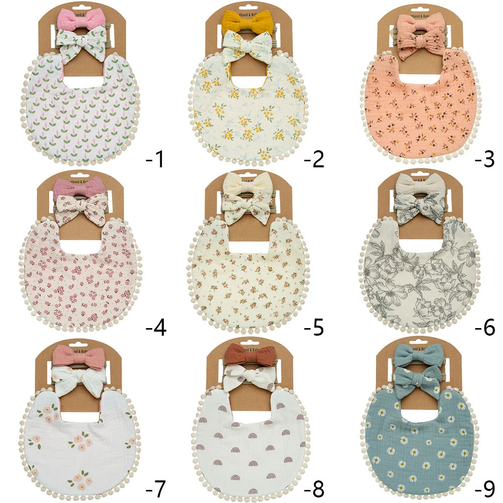 9Sets/Lot Baby Flower Bibs Headbands Bow Nylon Hairbands Double Side Saliva Towel Feeding Burp Cloth Scarf Boys Girls Headwear 231229