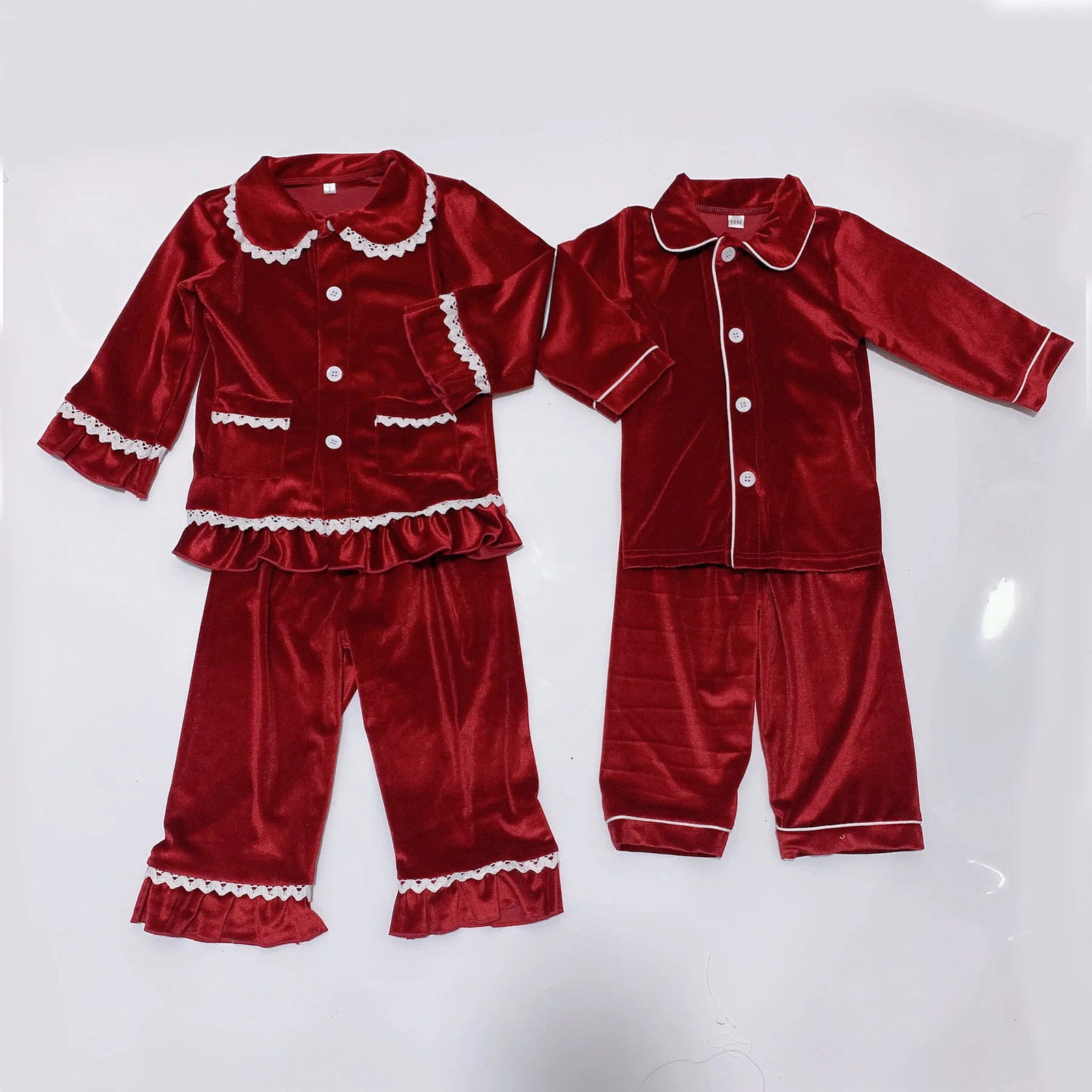 2023 Winter Family Christmas Matching Outfits Kids Clothes Girls Boys Red Velvet Pyjamas Green Cream White PJS Set Sleepwear 231228