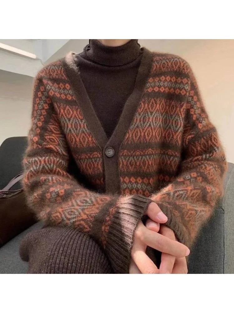 Women's Clothing Korea Stylish Sweaters 2023 Autumn Winter Screw Thread Jacquard Weave Knitted Cardigan LOOSE Thickening Coats 231228
