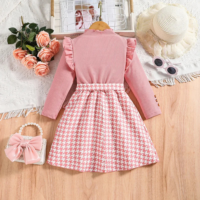 2023 Autumn Dress Kids Girls 4 7 Years Little Girl s Pink Knit Patchwork Plaid Korean Style Casual Clothes 231228