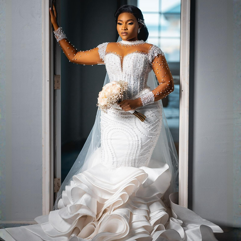 Plus Size Aso Ebi Wedding Dresses Sheer Neck Illusion Long Sleeves Tulle Lace Bridal Gowns for African Nigeria Black Women Tiered Mermaid Pearls Marri