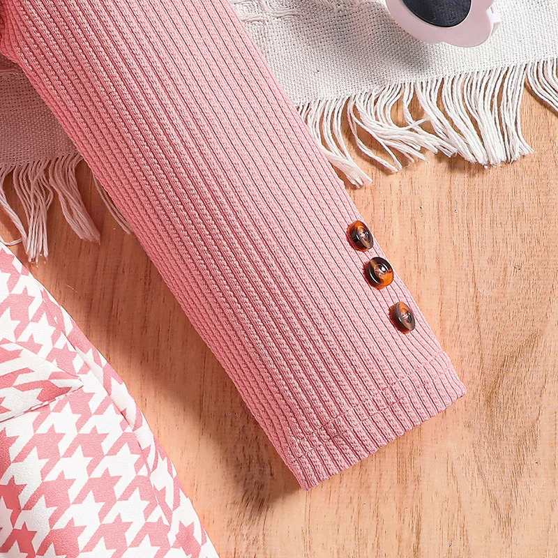2023 Autumn Dress Kids Girls 4 7 Years Little Girl s Pink Knit Patchwork Plaid Korean Style Casual Clothes 231228