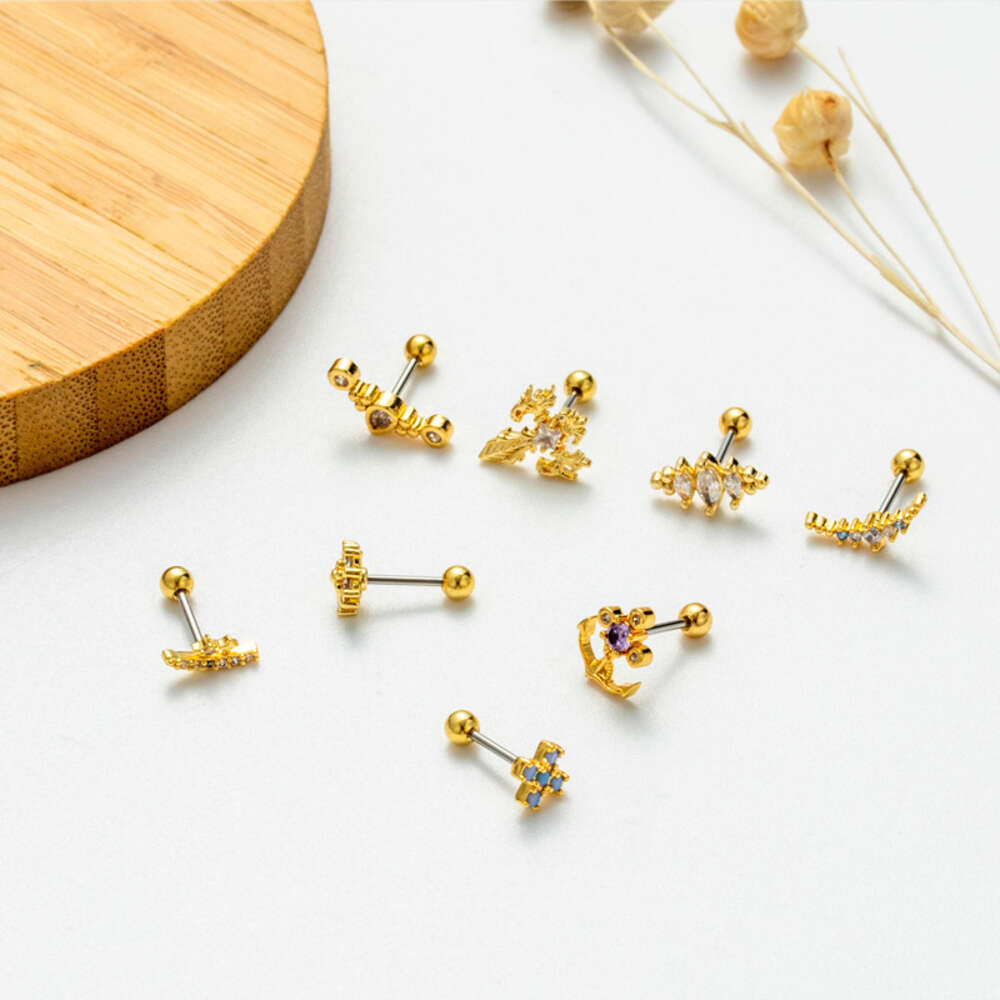 Surgical Stainless Steel Earring Barbell Cubic Zirconia Helix Ball Studs Ear Ring Earrings 0.8 Double Screw Earrings Flower Heart Cartilage Piercing B