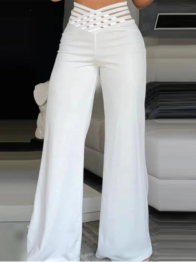 Elegant High Waist Flared Women Pants Office Casual Crisscross Sheer Mesh Patch Trousers Clothes 231228