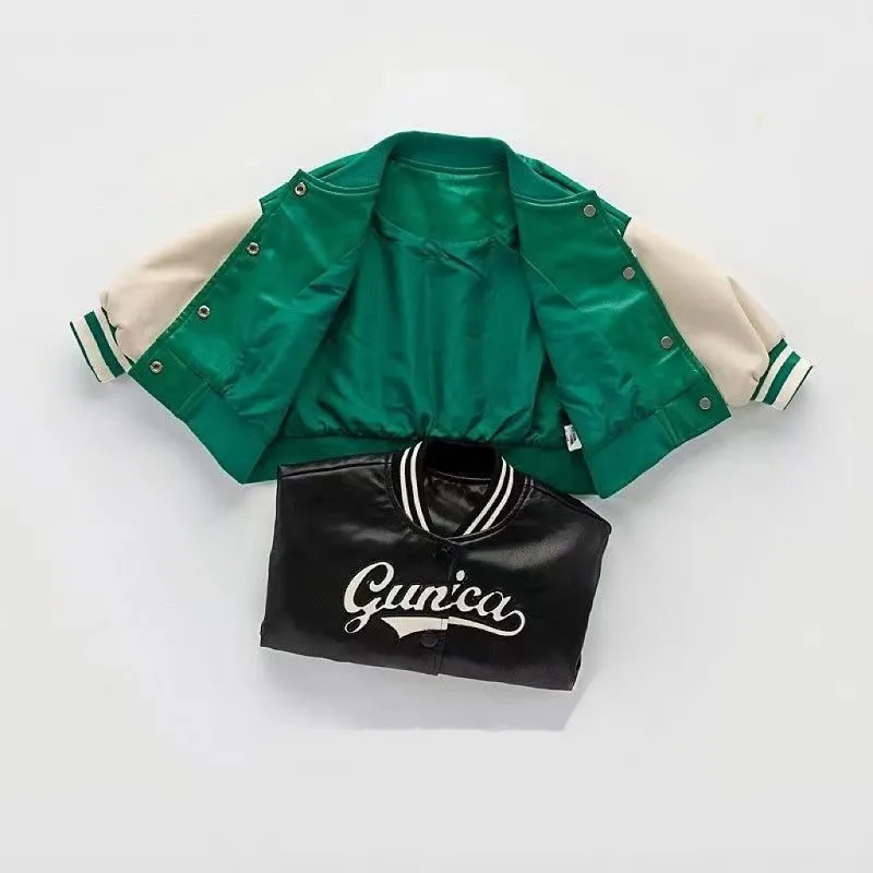 Fashion Baby Girl Boy PU Leather Baseball Jacket Patchwork Infant Toddler Bomber Coat Autumn Spring Outwear Baby Clothes 1-5Y 231228