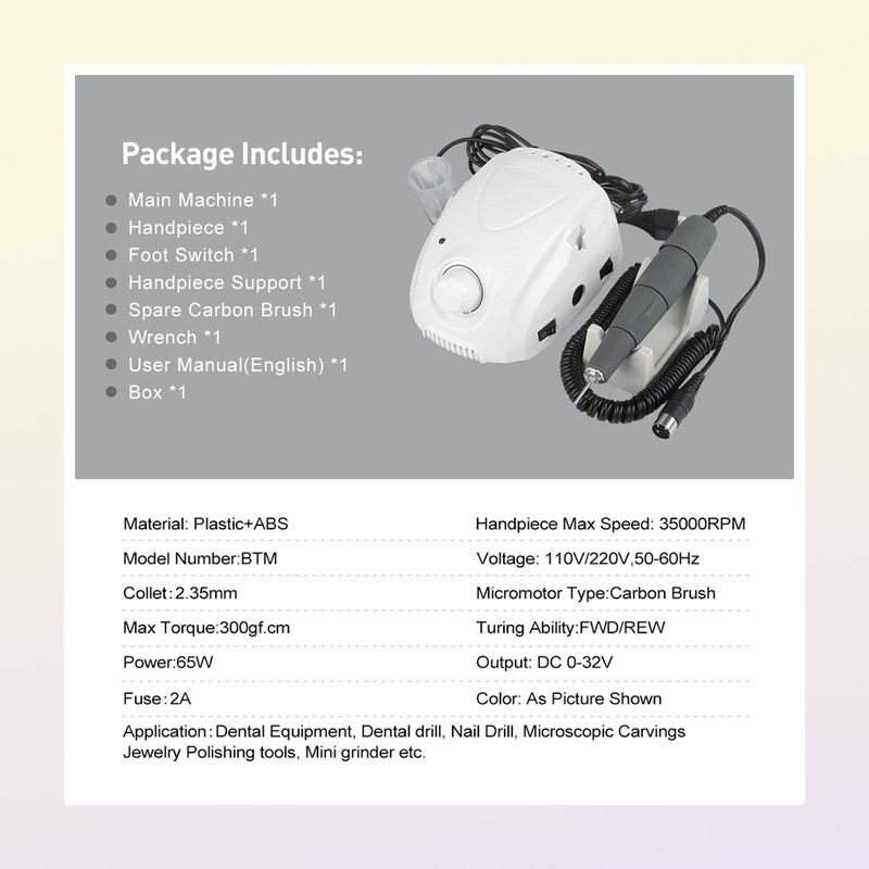 65W Manicure Machine 35000RPM Handpiece Polish Electric Nail Drill for Set File 220308