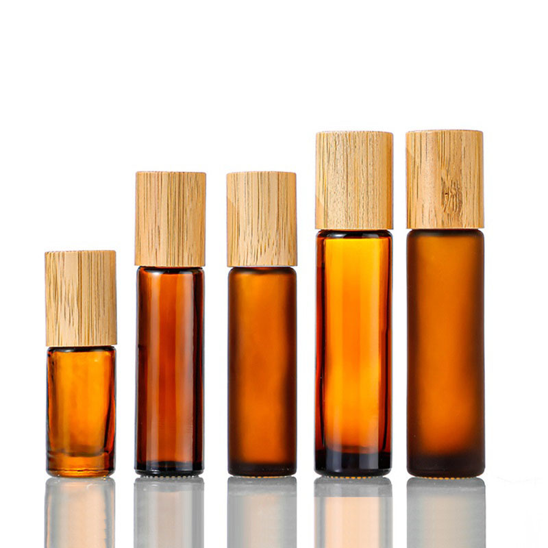 10ml Glass Roll On Bottles Frosted Amber Essential Oil Perfume Bottle with Bamboo Cap Stainless Steel Roller Ball