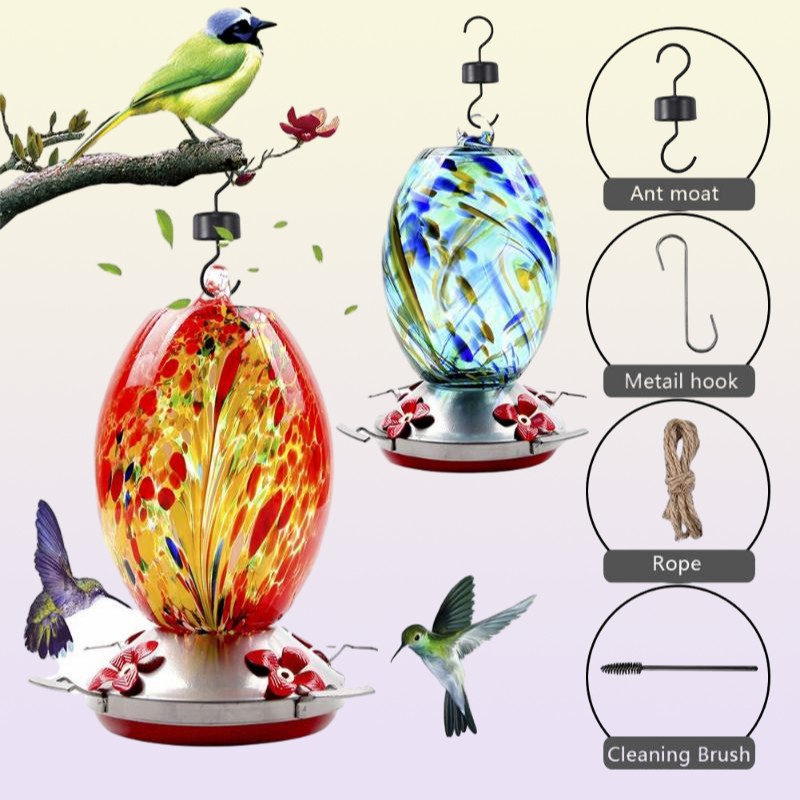 Other Bird Supplies Colorful Hummingbird Food Feeder Hand Blown Glass Drinker Water Feeding Bowl For Yard Outdoor Parrot Accessori9766099