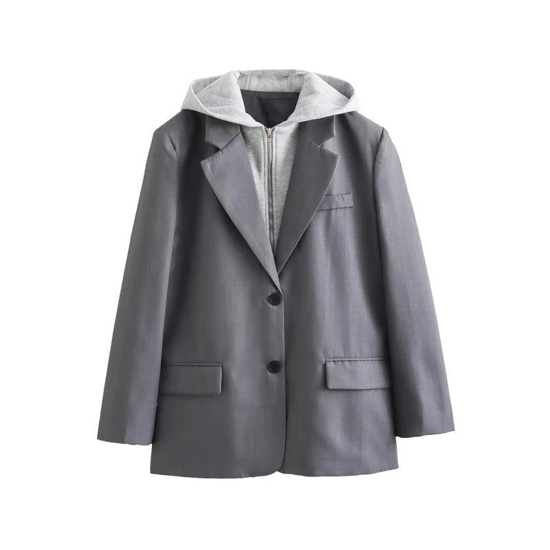SLTNX TRAF Hooded Patchwork Women Blazer Coat Female 2023 Chic Single breasted with Pockets Outerwears Ladies Long Sleeve 231228