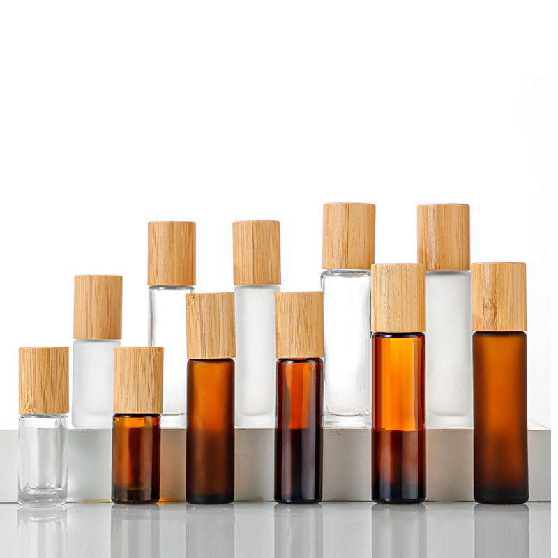 10ml Glass Roll On Bottles Frosted Amber Essential Oil Perfume Bottle with Bamboo Cap Stainless Steel Roller Ball