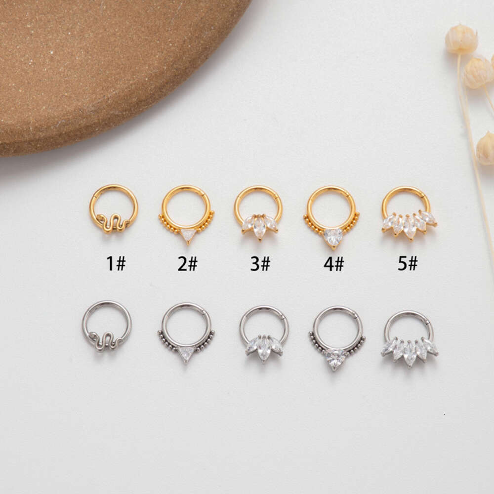 Surgical Titanium Stainless Steel Snake Nose Ring Prong Shiny Cubic Zircon18k Gold Cartilage Ring Hip Hop Popular Piercing Body Jewelry Accessories Bi