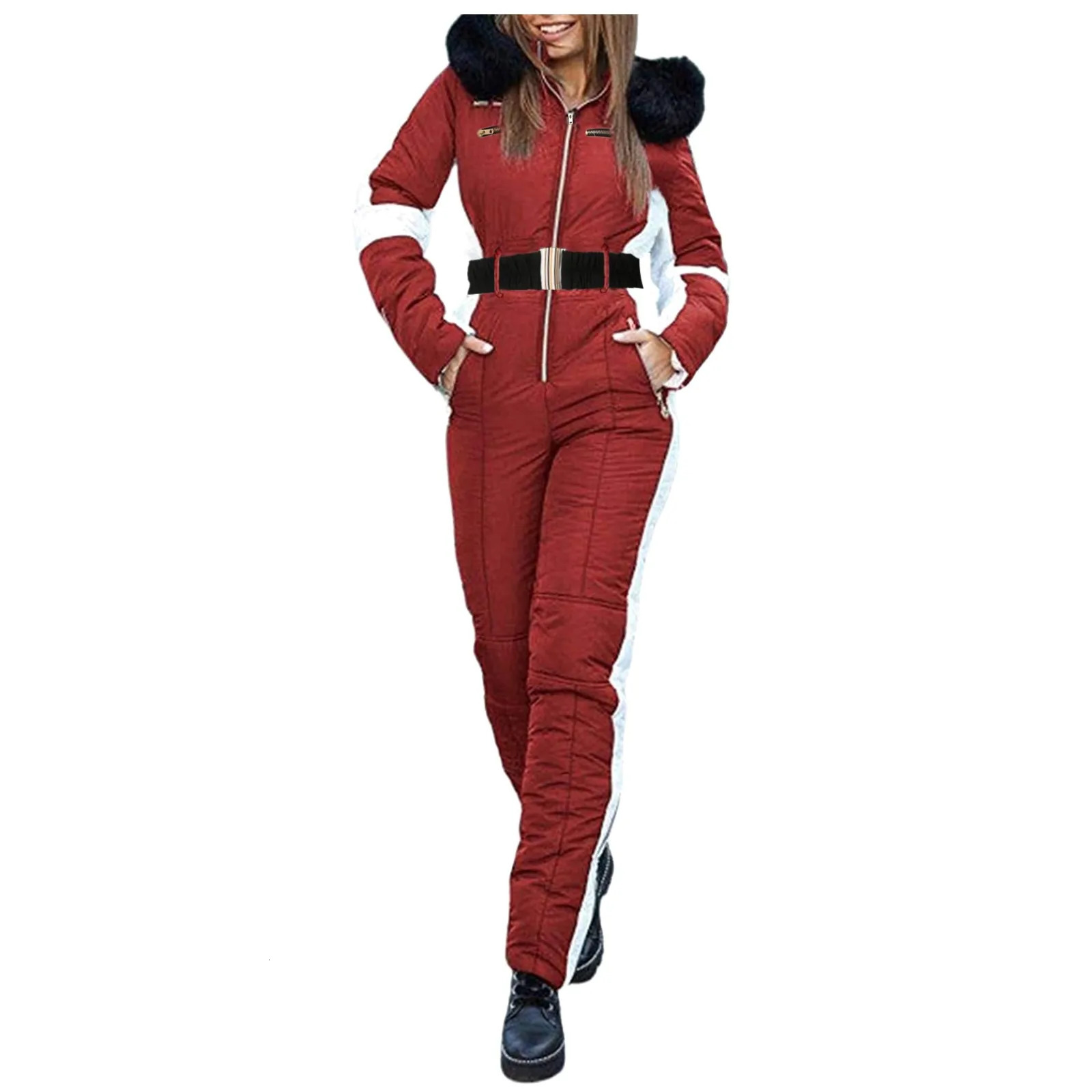 Womens Winter Hooded Parka Outdoor Sports Snowboard Ski Jumpsuit Waterproof With Removable Collar Zipper Suit 231229