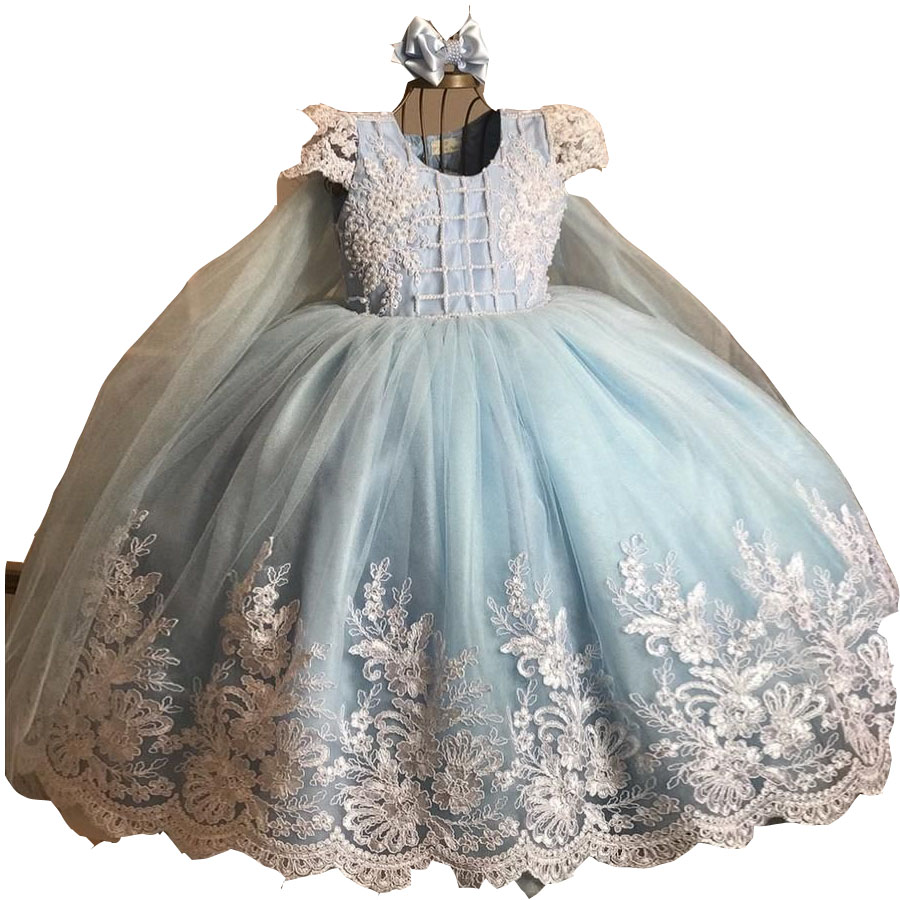 Lovely Flower Girls Dresses For Weddings Light Blue Short Sleeves Crystal Beads Pearls Lace Princess Kids Birthday Girl Pageant Gowns Floor Length
